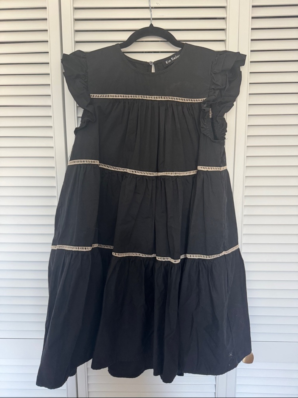 En Saison Black Tiered Mini Dress with Cream Lace Trim